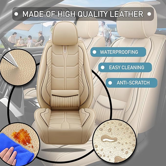 Leather Car Seat Covers Fit for Toyota Avalon Hybrid 2013-2024, 5 Seater Car Seat Cover, Premium Waterproof, Scratch Resistant Car Interior Accessories (Full Set Beige)