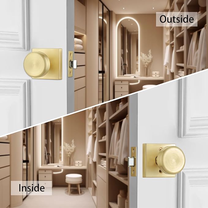 Brushed Gold Door Knobs Interior, Pismo Doorknobs with Square Rosette for Hall