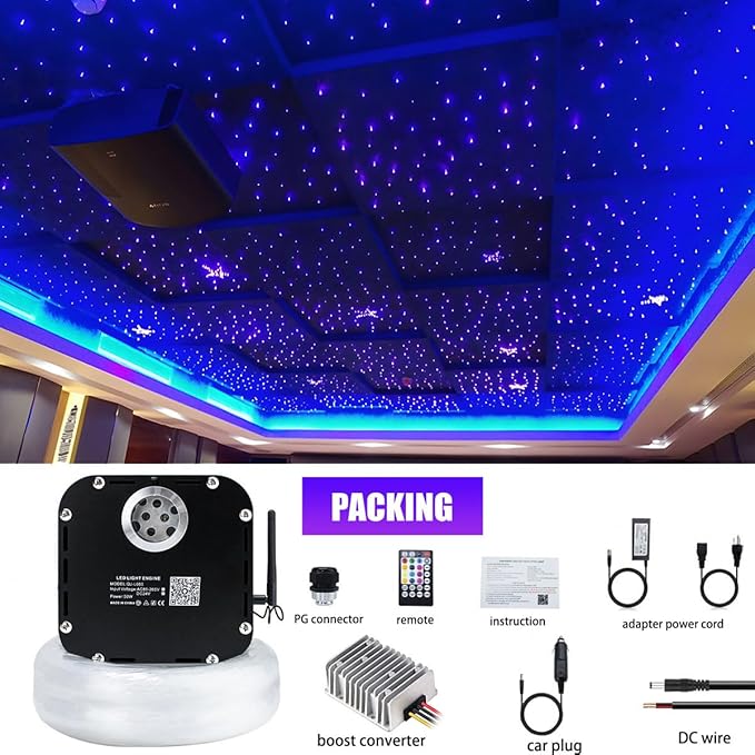 AZIMOM High Brightness 50W Twinkle 1000pcs*0.03in*13.1ft Fiber Optic Starlight Kits End Glow Fiber Strands Sound Activated Bluetooth/APP Remote Control Theater Ceiling Home Shop Lobby Roof Decor