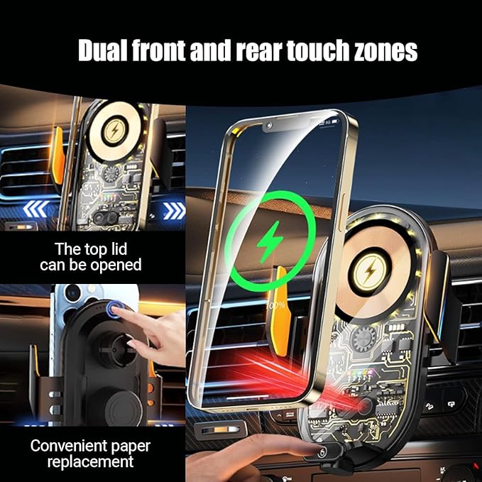 Wokyo Wireless Car Charger Mount, 66W Fast Magnetic Charging and 360° Rotatable, Intelligent Air Vent Car Phone Holder, Auto-Clamping Mount Wireless Charging Compatible Most Smartphones (Gold)