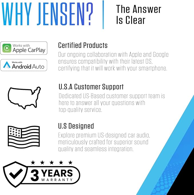 Jensen J1CA10FL-BUC 10.1-inch Certified Apple CarPlay Android Auto Wired or Wireless | Single DIN and Double DIN Touchscreen Car Stereo Radio | Bluetooth | USB Charge | Backup Camera Included