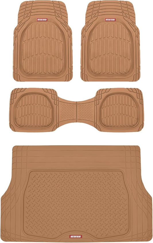 Motor Trend FlexTough 4-Piece Heavy Duty Floor Mats for Cars Trucks SUVs, Automotive Floor Mats Car Mats Full Set Front, Rear & Cargo, Trim-To-Fit Semi-Custom Deep Dish All Weather Rubber Mats - Beige