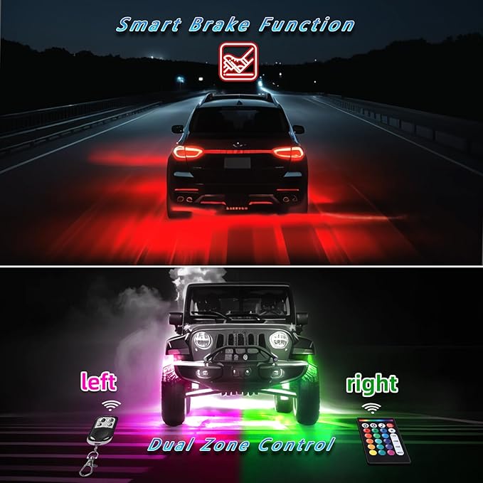 12Pods RGB LED Rock Lights Kit with APP/RF Remote Control Dual Zone Brake, Car Underglow Lights Multicolor Neon Underbody Lights Waterproof 12V for Trucks Pickup Jeep Golf Cart SXS ATV