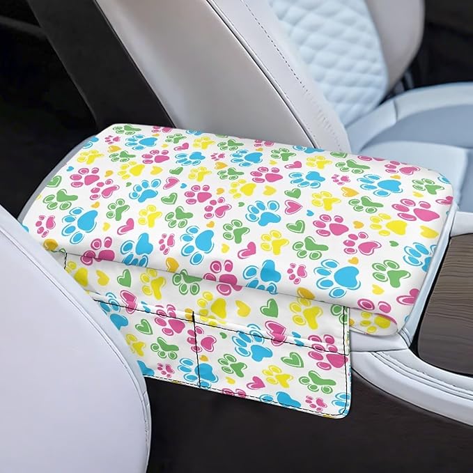 Dreaweet Colorful Dog Paw Arm Rest Cover for Car Women Thick Center Console Armrest Pad with Pockets Auto Accessories Interior Car Center Console Cushion Pad