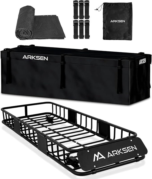 ARKSEN Skinny Roof Rack 64"x23"x6" Cargo Carrier with Waterproof Bag & Anti-Slip Mat, Heavy Duty Weather Resistant Top Mount Cargo Basket, Luggage Camping Gear Storage for Car, Truck or SUV Transport