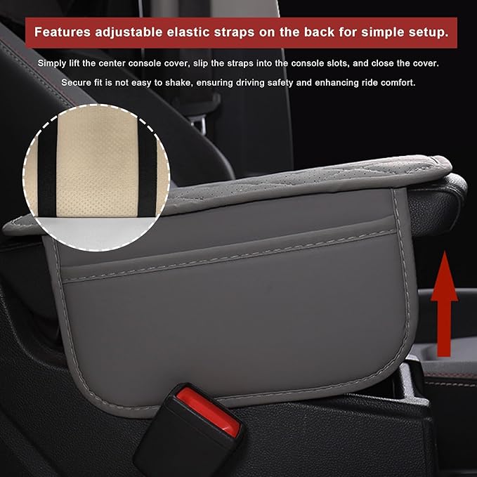 Car Center Console Cover, Leather Auto Armrest Cushion Pad with Two Storage Pockets, Waterproof Arm Rest Box Mat Protective Cover for Sedan SUV Truck, Car Accessories (Beige)