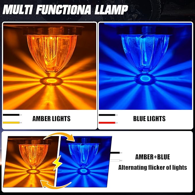 4-Pack Dual Color Watermelon Lights LED Strobe & Steady Mode, Roof Clearance Warning Marker Lights with Clear Lens & Bezel Suitable for Trailer Kenworth Peterbilt Freightliner (Amber Blue)
