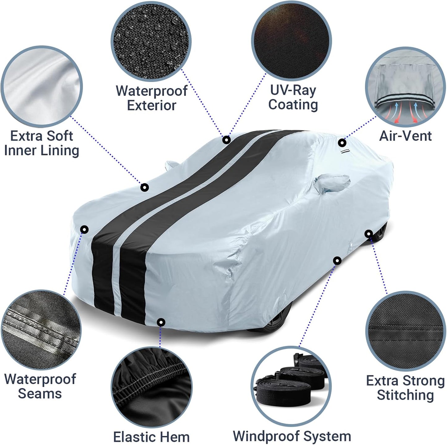 iCarCover Custom Car Cover for Pontiac J2000 (1981-1982) Waterproof All-Weather Rain Snow UV Sun Protector Full Exterior Indoor Outdoor Car Cover (Stripe - Gray/Black)