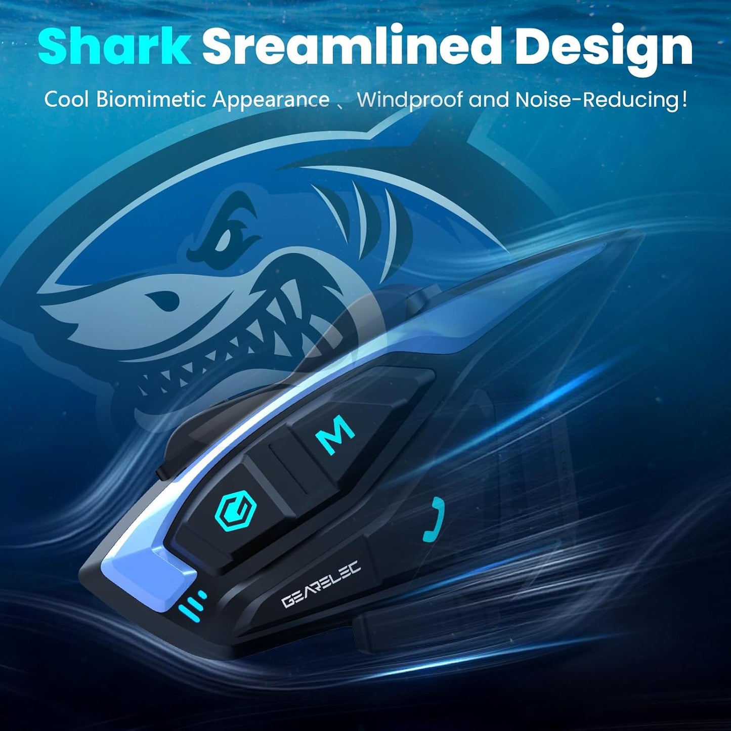 gearelec Motorcycle Helmet Bluetooth Headset [Deep Bass & Super-Noise-Reduction] Shark Pro Motorcycle Bluetooth Headset with Upgrade Hi-Fi Speakers, 2000M 8 Riders Intercom