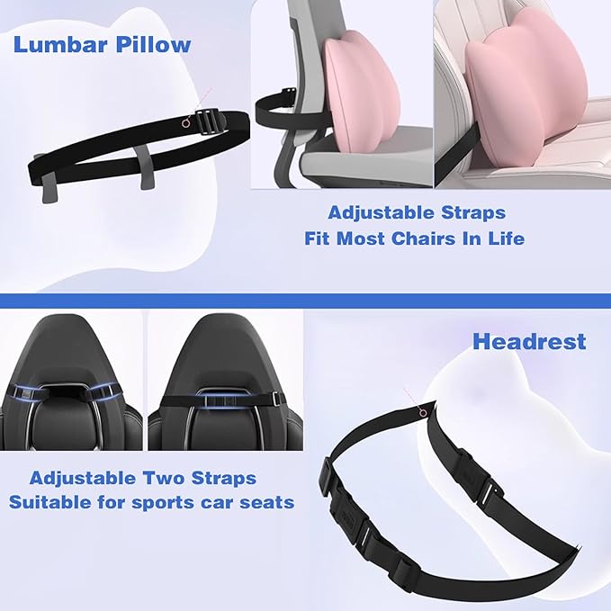 Lumbar Support Pillow for Car/Office Chair, Memory Foam Back Cushion for Car Seat, Lower Back Pillow Fits Most Cars, Trucks, with Adjustable Strap and Washable Cover, Back Pain Relief,Black