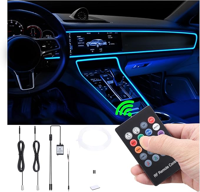 Car Ambient Lighting Optic Fiber 8 Colors Music Sound Active with RF Remote Control Car Decorative Atmosphere Lighting Kit DC 12V 1W 3m