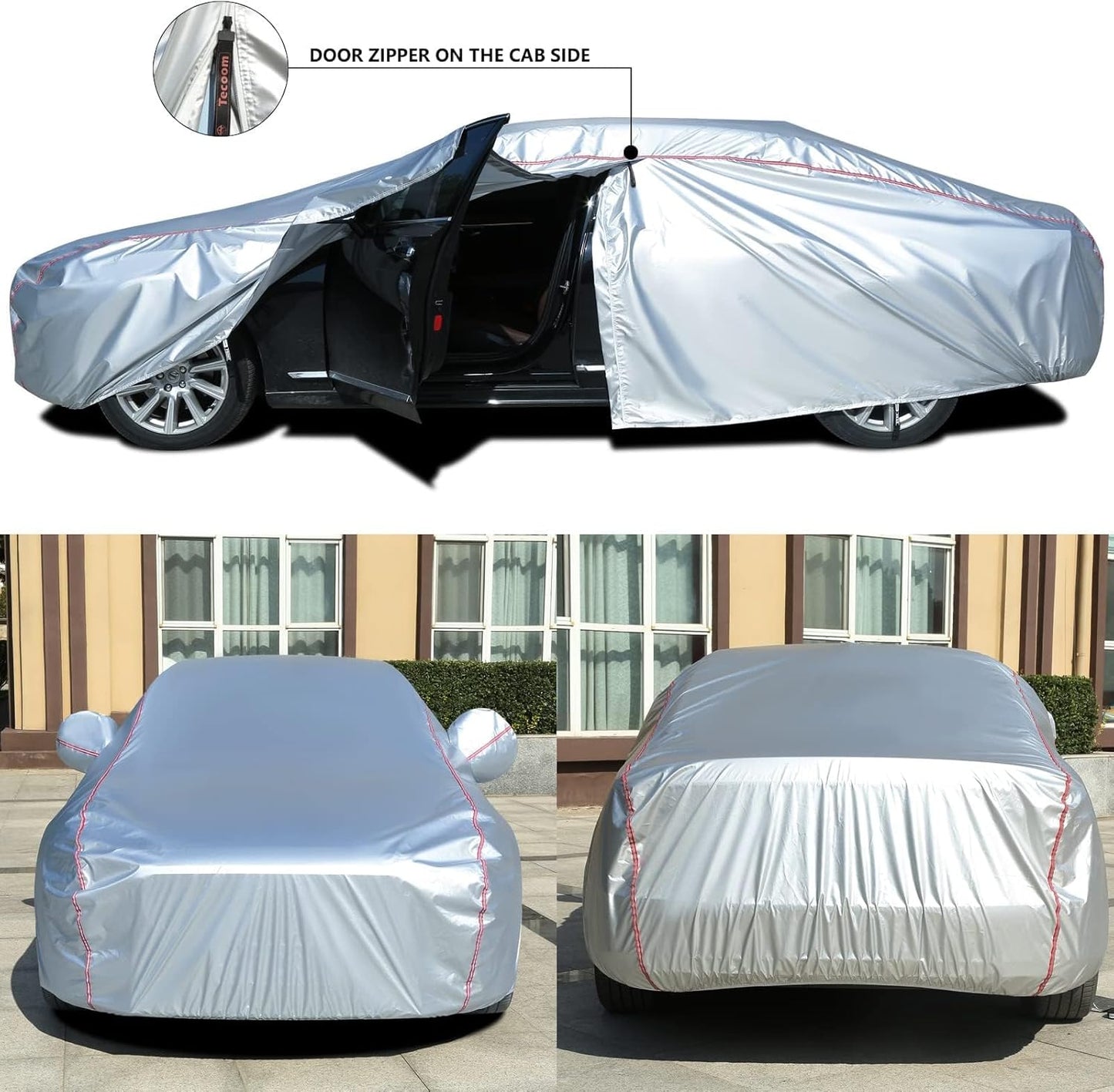 Tecoom Waterproof Sedan Car Cover Oxford W/Door Zipper, All Weather Car Cover for Automobiles, UV-Proof Windproof Hail Sun Snow Protection Indoor Outdoor Full Exterior Covers Fit 201-210 Inches