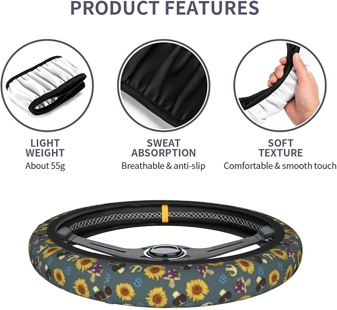 Mushrooms Cute Steering Wheel Cover Non-Slip Breathable Sweat-Absorbent Suitable for SUV Van Truck Car Universal Protection Accessories 15 Inch Suitable for Women Men