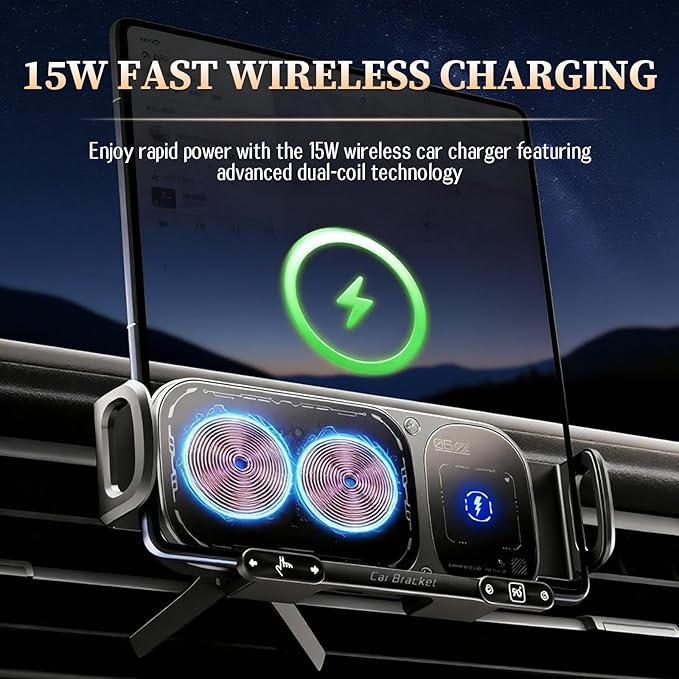 FunApricity Wireless Charging Rotating Car Mount,High Intelligent 2 in 1 Auto Rotating Phone Holder,Car Charger Fast Charging, One-Click Auto-Rotating & Clamping for Smartphone/Pad/Foldable Phone