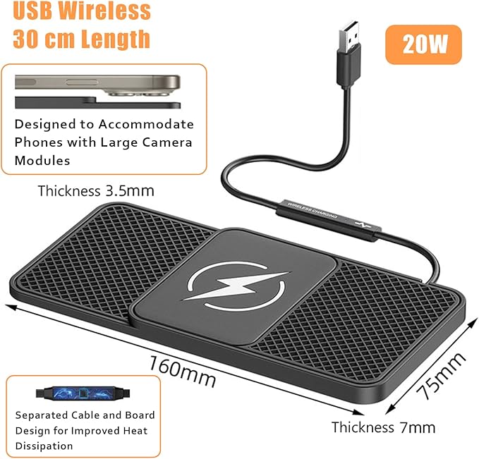 Wireless Car Phone Charger for Honda Pilot (YK1) 2016 – 2022, Type C/USB 20W Fast Charging Pad, Non-Slip Charging Station for Travel Home Office Desk, Lightweight, USB