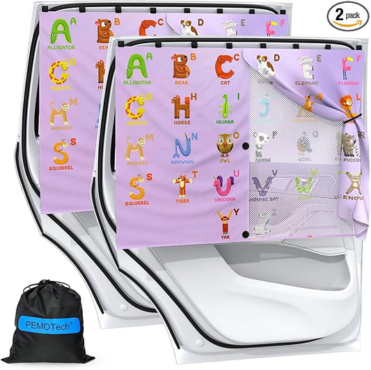 Car Window Shades with 8 Magnets-26.8"x19.7" Car Rear/Side Window Sunshade for Baby Semi-Transparent 2-in-1 Universal Auto Sun Shade for Kid & Pet Protection (2 Pack) Animal Alphabet Education