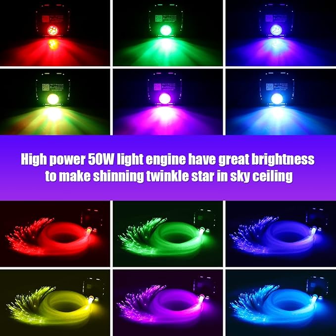 AZIMOM High Brightness 50W Twinkle Fiber Optic Starlight Kits1000pcs*0.03in*16.4ft Fiber Strands, RGB Meteor Shooting Star Sound Activated APP/Remote Control Theater Ceiling Home Shop Roof Decor