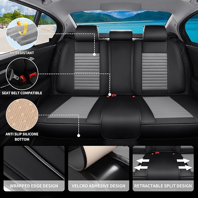 Car Seat Covers Full Set Fit for Toyota Avalon 2001-2022, Premium Faux Leather Car Seat Protector,Breathable Anti-Slip Full Wrapping Edge Seat Covers(Black&Gray,Full Set)
