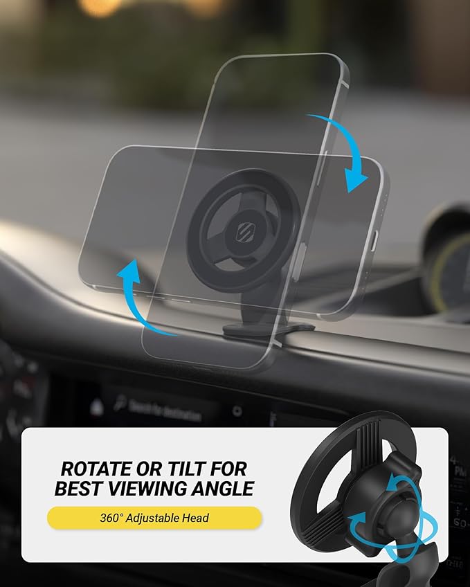 Scosche MagSafe Car Mount, Magnetic Dashboard Phone Holder for Car with 3M Adhesive Base, Strong Magnet Hold, 360° Rotatable Cell Phone Car Mount for iPhone 17/16/15/14/13/12, Includes Magnetic Ring