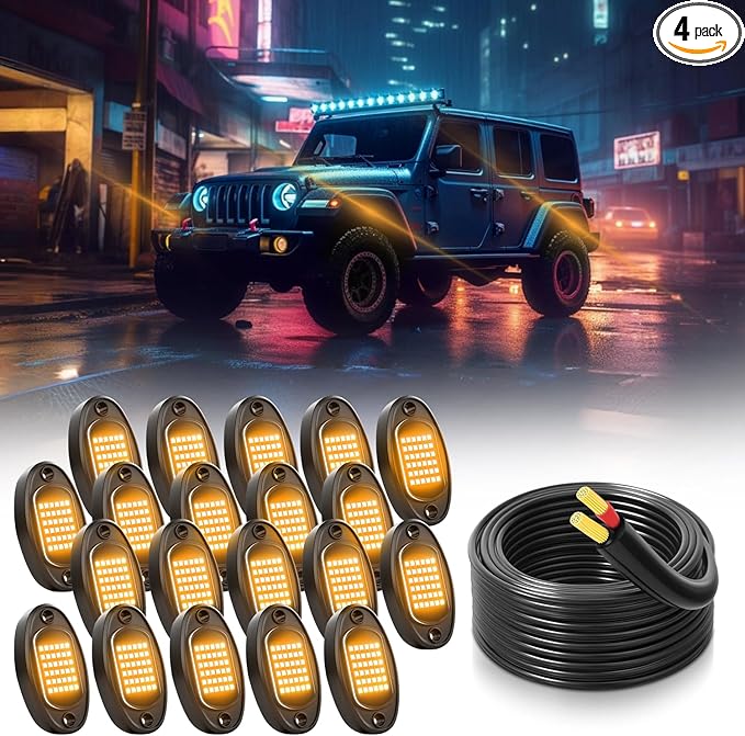 GSRECY Rock Lights Ultra Bright LED Neon Underglow Lights Waterproof for Trucks Pickup SUV UTV ATV RZR Car Boats Motorcycle (Yellow, 20 Pods+ 33ft Wire Harness)
