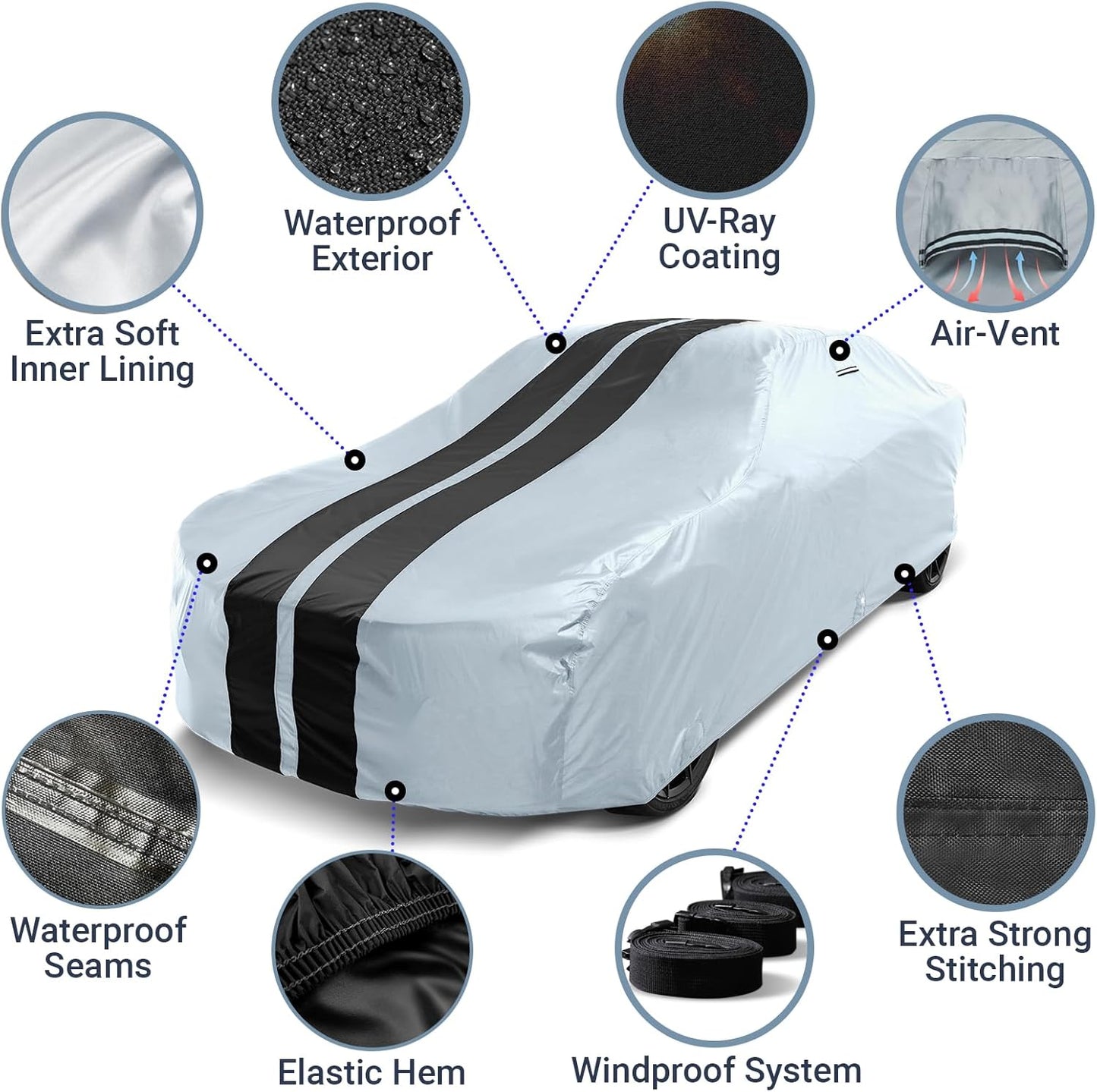 iCarCover Custom Car Cover for Buick Riviera (1963-1965) Waterproof All-Weather Rain Snow UV Sun Protector Full Exterior Indoor Outdoor Car Cover (Stripe - Gray/Black)
