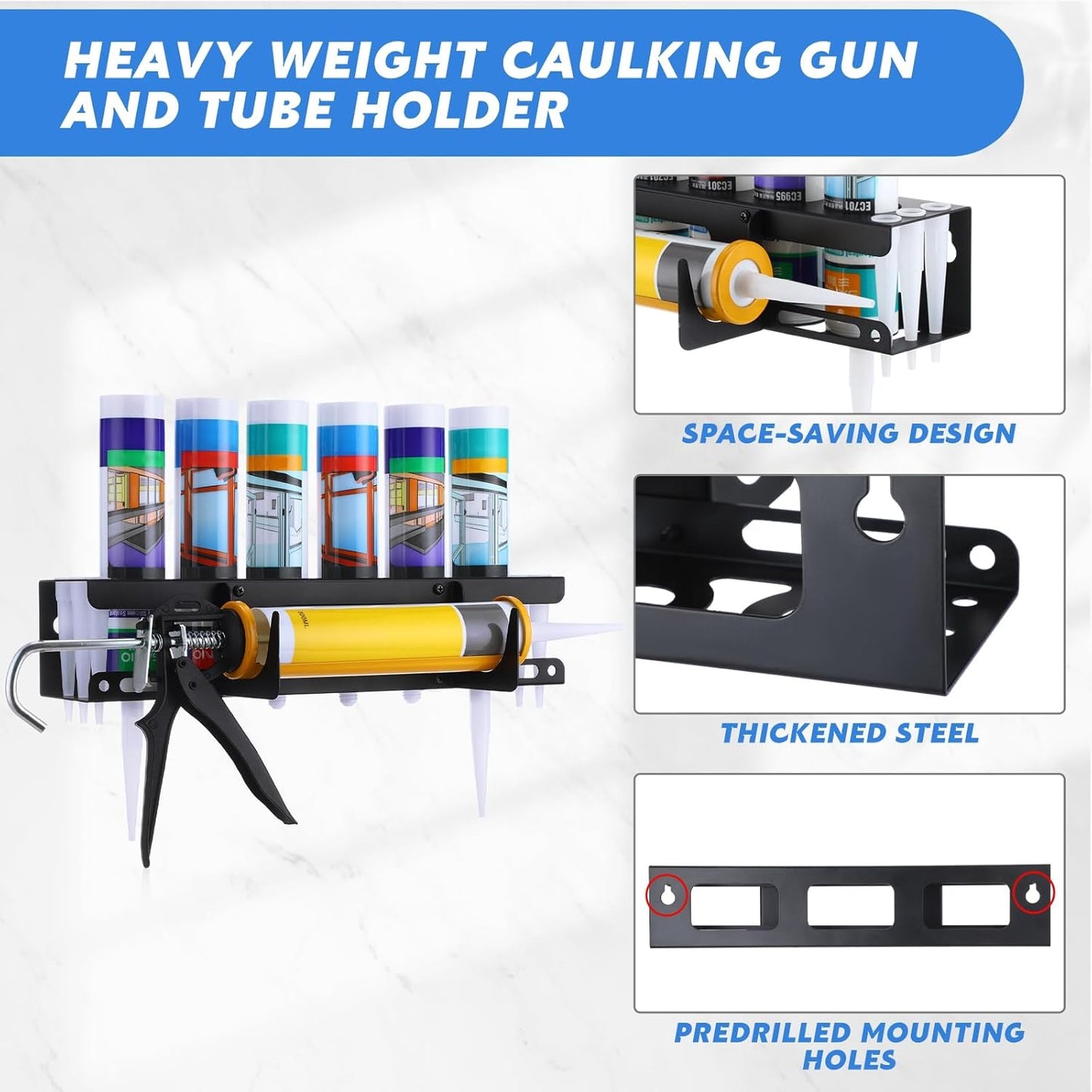 Hicarer Caulking Tube and Gun Holder Caulking Gun Storage Rack with Horizontally Base Sealant Organizer for Garage and Workspace Wall Mounted Tubes and Nozzle(1 Pack)