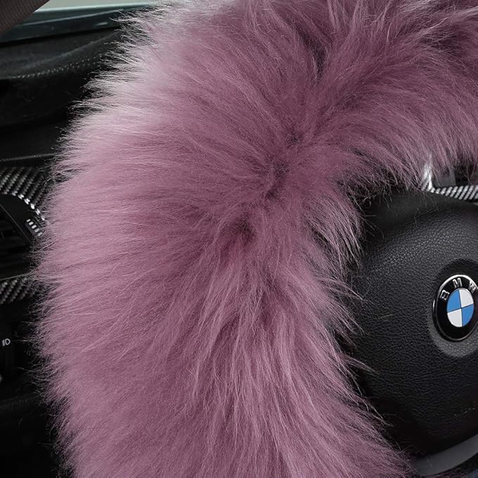 3Pcs Set Fashion Fluffy Fuzzy Wool Fur Soft Steering Wheel Cover with Handbrake Cover & Gear Shift Cover for Women Girls Car Decoration Long Wool Accessories 14 1/2-15 1/2 inchs (Steel)