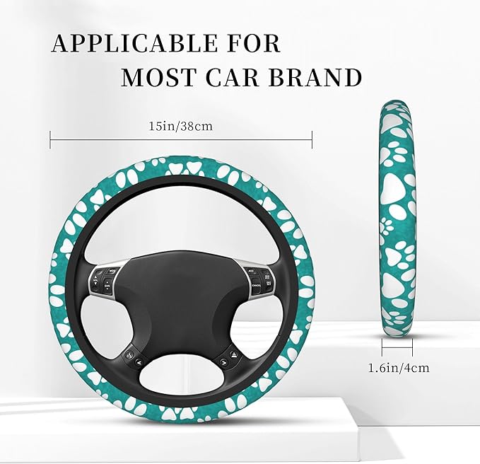 Dog Paw Prints Steering Wheel Covers Universal 15 Inch Car Wheel Cover,Anti-Slip Breathable Car Accessories Protector Fit for Trucks,Sedans,SUVs,Vans