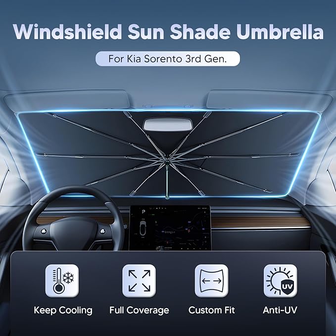 Autorder Windshield Sun Shade Umbrella for 2016-2020 Kia Sorento Accessories,Upgraded Ice Crystal Material,Easy Setup Umbrella Sunshade for Car Windshield,100% Sun Blocking