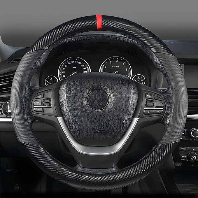 KAFEEK Customized Auto Car Steering Wheel Cover for Honda Civic, CR-Z, Insight, S2000, Small Size 14" - 14.25" Outer Diameter, Carbon Fiber, Black