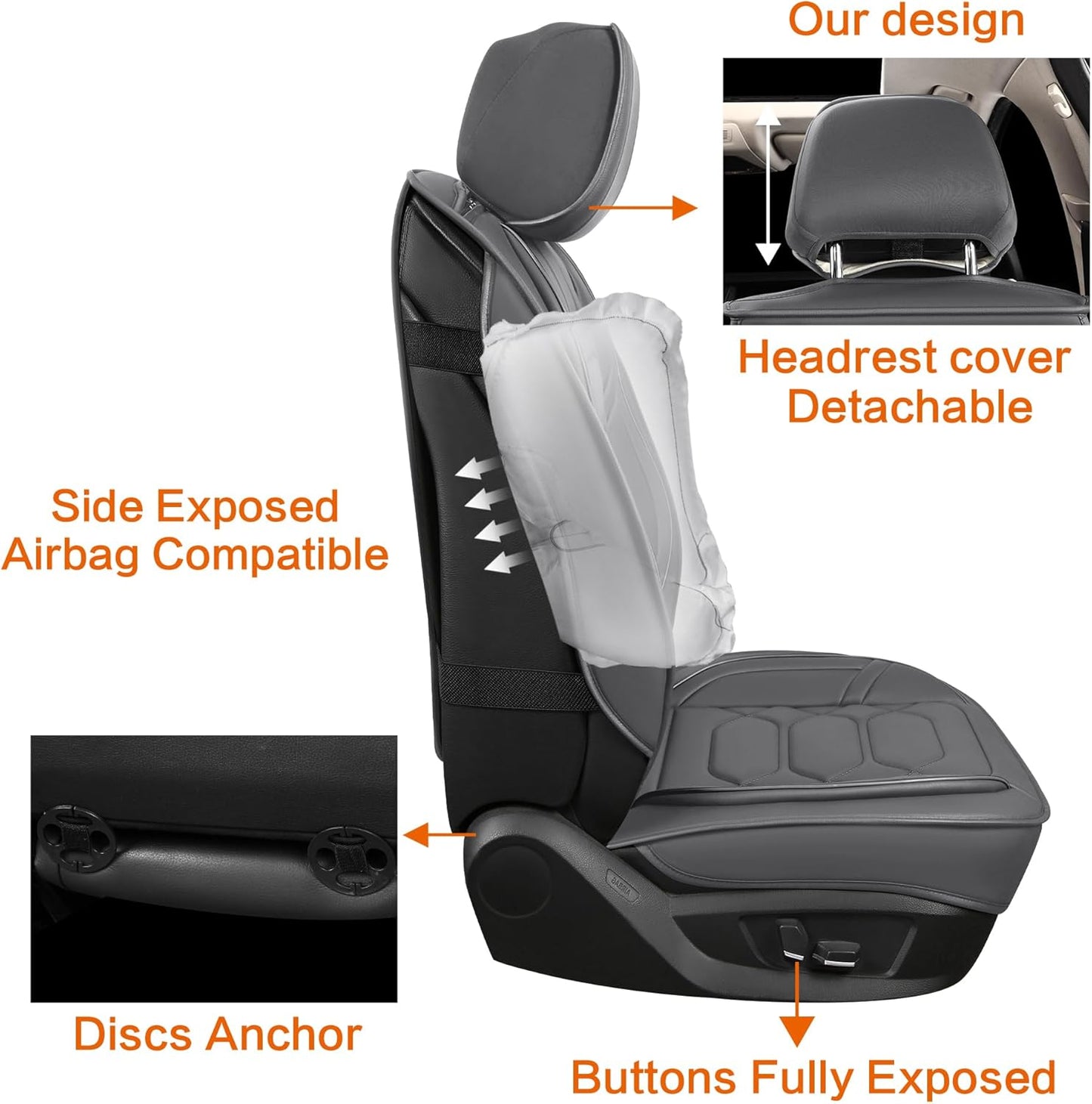 Pariitadin Leather Car Seat Covers Front Pair, Waterproof Breathable Faux Leather Automotive Seat Covers for Cars, Non-Slip Car Interior Covers Universal Fit Most Cars Sedans Trucks SUVs, Gray