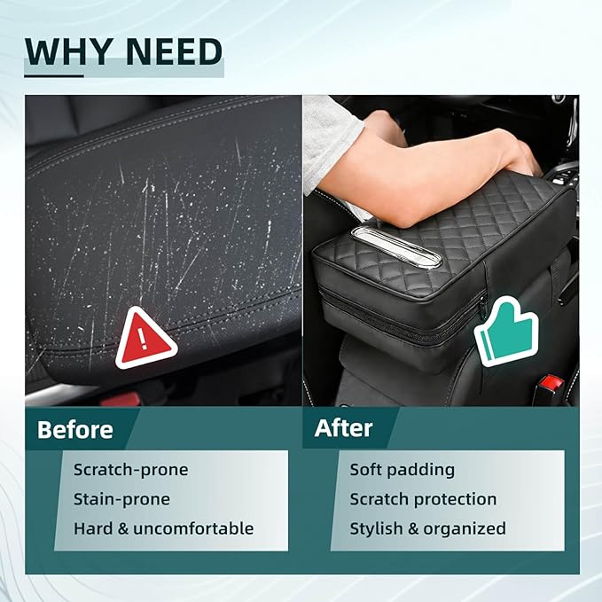 Upgrade Car Center Console Armrest Pad for Toyota RAV4 2026-2012 Models, Comfortable Memory Foam Cushion Cover with Tissue Box & Side Storage Bag, Premium PU Leather 3-in-1 Car Armrest Cover(Black)