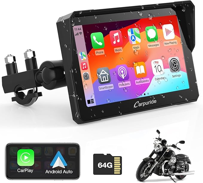 Carpuride W702 for Motorcycle, 7 inch Waterproof Touchscreen, Portable Carplay/Android Auto GPS Navigation for Motorbike, Support Dual Bluetooth, Car GPS, Siri, G00gle Assistant, TF-64G