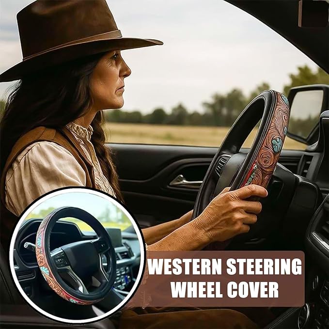 Retro Western Cowboy Car Universal Steering Wheel Cover, Embossed Handcrafted Tooled Leather Western,Anti Slip, Auto Interiors Accessories,Breathable for Trucks SUVs Cars (E)