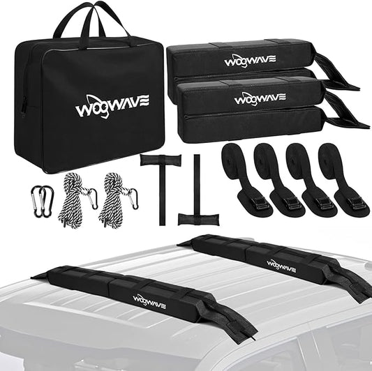 WOOWAVE Premium Kayak Roof Rack Pads Universal Car Soft Roof Rack Kayak Carrier for Canoe/Surfboard/Paddleboard/SUP/Snowboard with Tie Down Straps, Tie Down Rope, Quick Loop Strap and Storage Bag