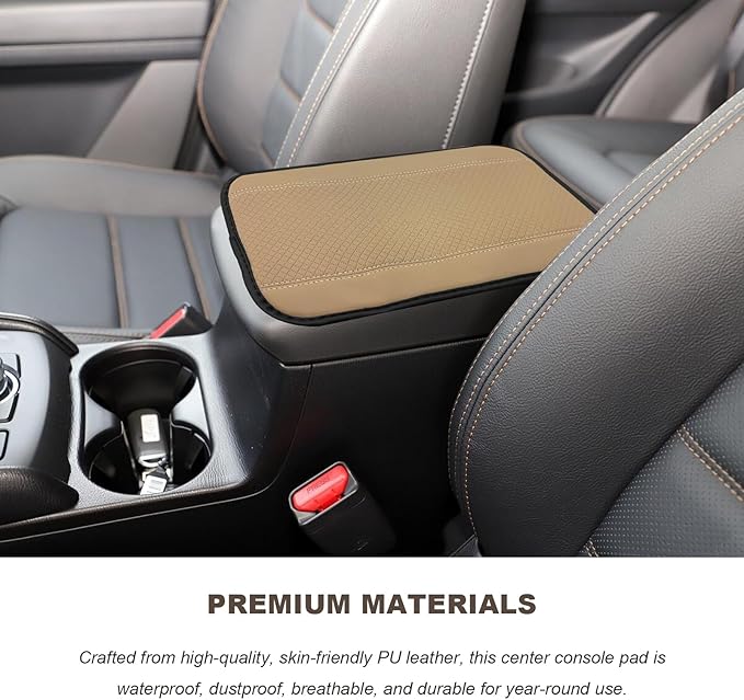 Car Armrest Storage Box Mat, Leather Embossing Auto Center Console Cushion Protective Pad, Anti-Scratch Waterproof Armrest Seat Box Protector for Most Cars Trucks SUVs (Beige)