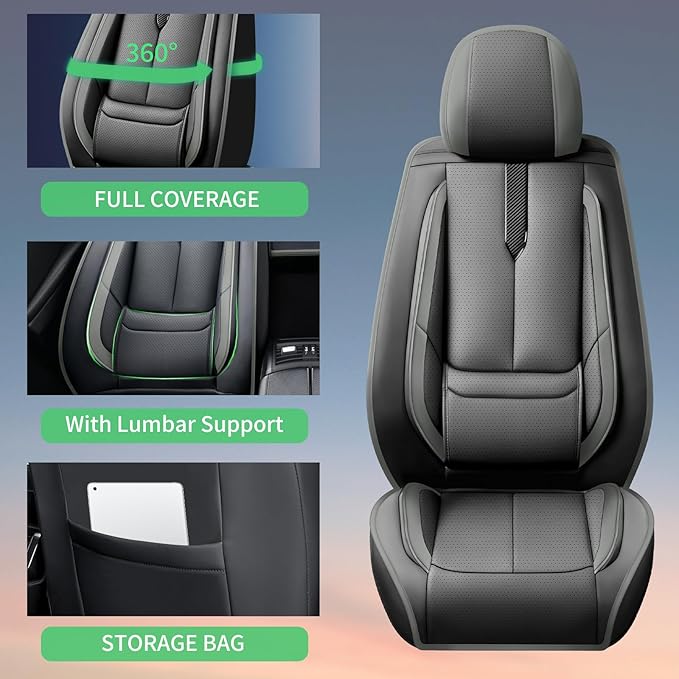 Fit Highlander Car Seat Covers (5 Seats) for Select Toyota Highlander 2007-2026 - Full Coverage Leather,Airbag Compatible, Waterproof & All Weather Seat Cushion Protector,Full Black-Grey