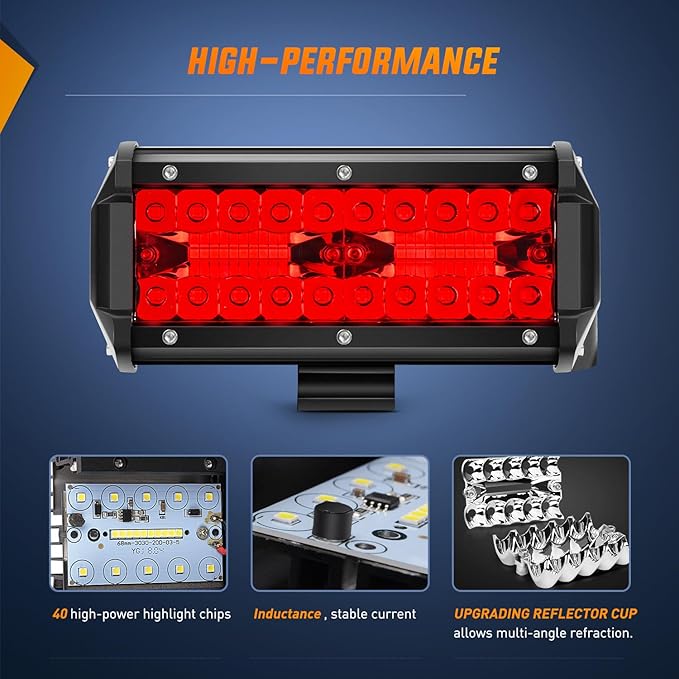 Nilight 6.5 Inch LED Light Pod Red Triple Row 2PCS 120W Flood Spot Combo Driving Fog Fishing Hunting Emergency Safety Signal Deck Trailer Lighting for UTV Pick-up Van Boat Tractor