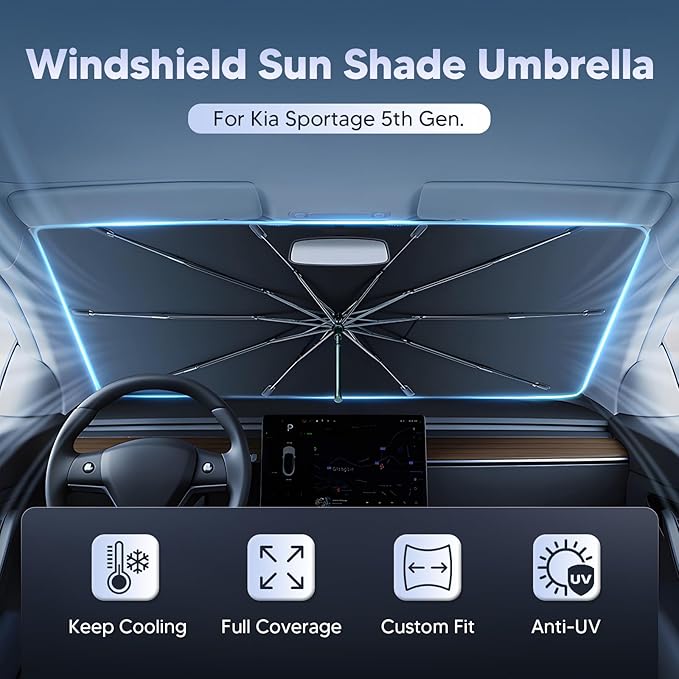 Autorder Windshield Sun Shade Umbrella for 2023-2025 2026 Kia Sportage Accessories,Upgraded Ice Crystal Material,Easy Setup Umbrella Sunshade for Car Windshield,100% Sun Blocking