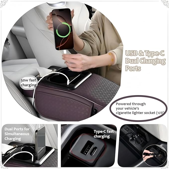2026 Upgraded Car Center Console Cushion with 30w USB& Type-C Charging Ports, Leather Car Armrest Pad Cover, Interior Accessories for Most Vehicles (Classic Flat Version, Red)