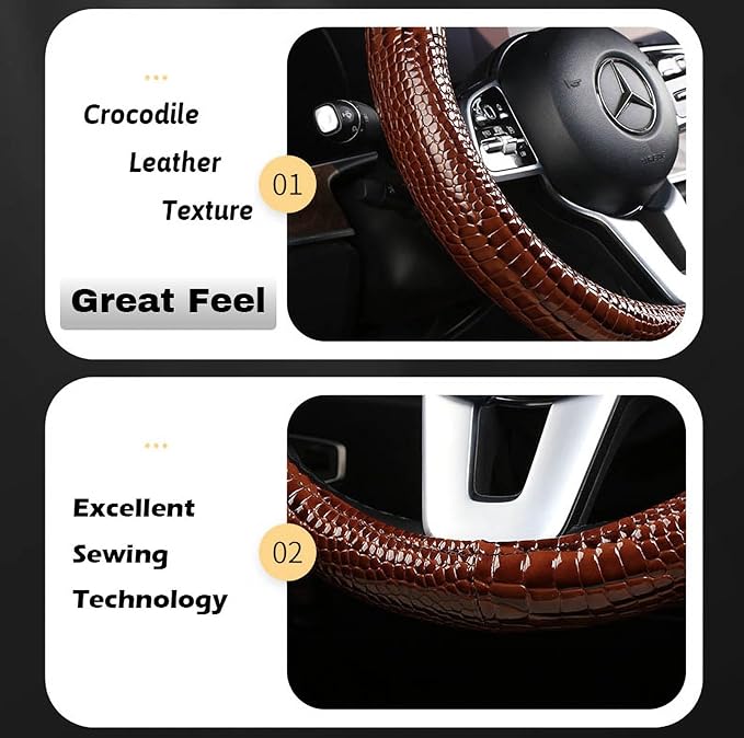 Luxury Crocodile Texture Glossy Leather Car Steering Wheel Cover, New Universal 15 Inch Vehicle Steering Wheel Cover for Cars, Trucks, Suvs, Pickups Interior Accessories (Red)