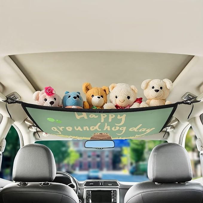 Generic Cute Groundhog Car Ceiling Cargo Net Pocket Hanging Storage Bag with Zipper 31.69"x24.02" Double-Layer Mesh Car Roof Storage Organizer Long Road Trip Truck SUV Travel Camping