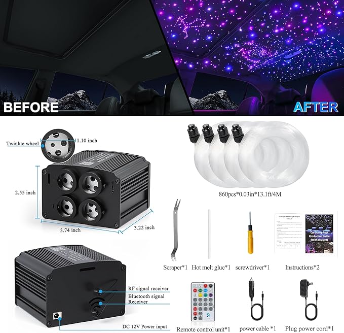 4 Colors 32W Twinkle Starlight Headliner Kit for Car Home with APP&RF Remote,RGBW 860pcs*0.03in*13.1ft Cables Fiber Optic Star Sky Roof Lights,4 Port Engine Sound Activated Ceiling Star Lights for Car