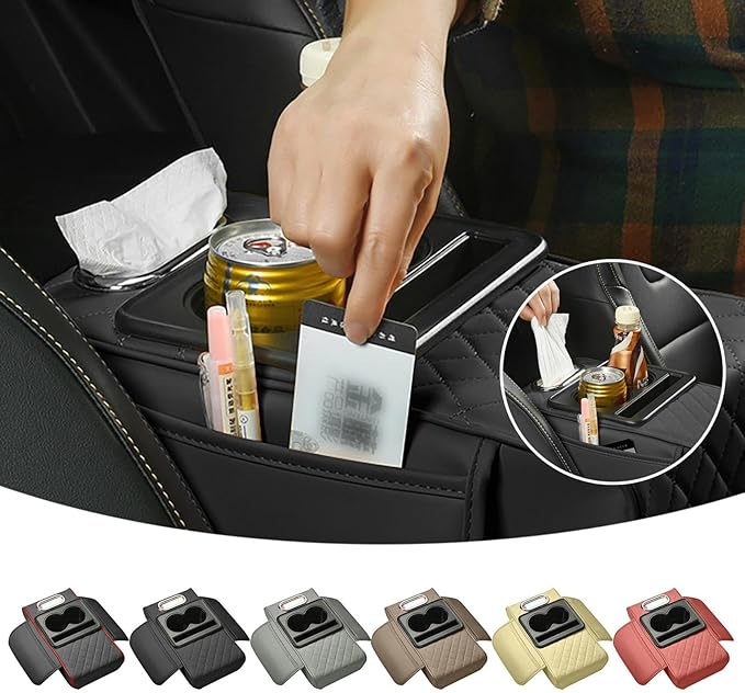 Car Armrest Cushion, 5-in-1 Center Console Cover with 2 Storage Bags Cup Holder, Cup Holder Tissue Slot Phone Slot for Car, Universal Car Armrest Box Cover Protection Pad for Most Vehicles (E)
