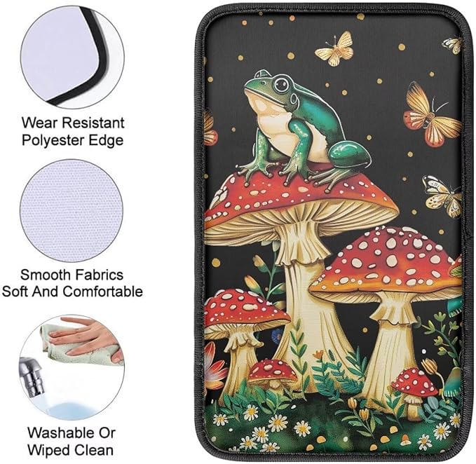 Car Center Console Armrest Cover Pad with Frog Mushroom, Easy to Install Automobile Armrest Covers for Trucks Van SUV