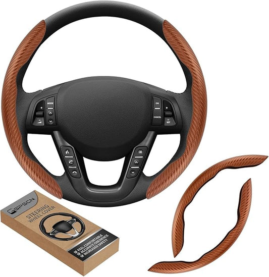 GSPSCN Universal Car Carbon Fiber Steering Wheel Cover Anti-Skid,Butterfly Steering Wheel Cover,Non-Slip Segmented Steering Wheel Protector,Fit for 99% Cars,Car Interior Accessories (Brown)