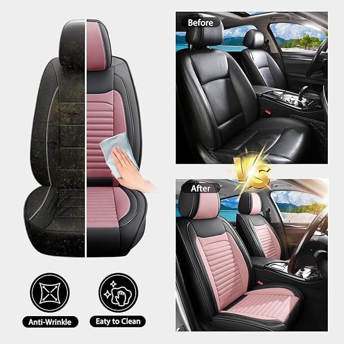 Car Seat Covers Full Set Fit for Toyota Avalon 2001-2022, Premium Faux Leather Car Seat Protector,Breathable Anti-Slip Full Wrapping Edge Seat Covers(Black&Pink,Full Set)