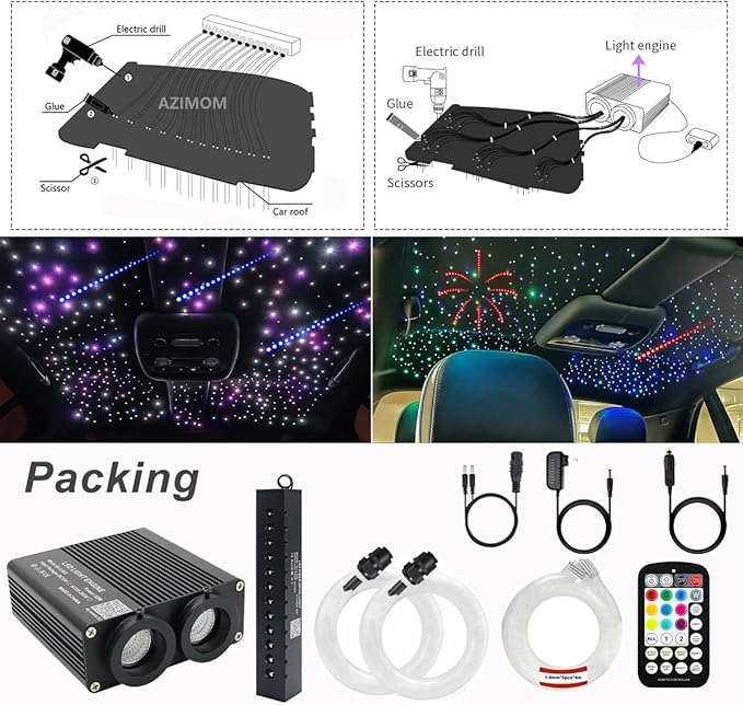 AZIMOM Dual Color 32W 1100pcs Fiber Optic Starlight Headliner Kits 0.03in 13.1ft Strands,RGB Meteor Shooting Star,Sound Activated Remote APP Control IndoorHome Car Headliner Décor