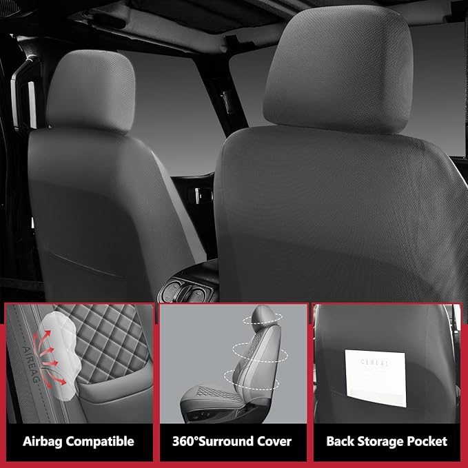Wrangler Seat Covers 2007-2026 Full Set, Waterproof Leather Interior Sets with Lumbar Support Custom Fit for Jeep Wrangler JK JL 4 Door Unlimited Sahara/Sport/Rubicon X 392 Willys, Gray