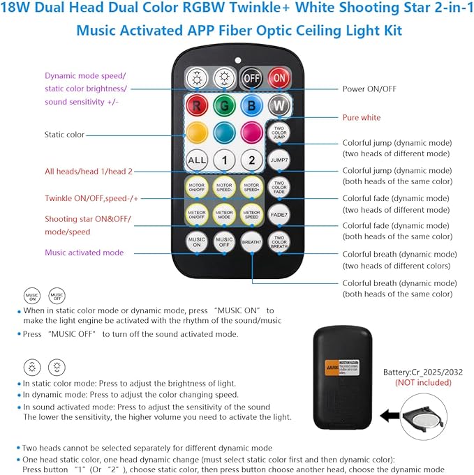 AKEPO Different Color 18W Twinkle+Shooting Star All-in-1 Fiber Optic Starlight Headliner Kits, 600pcs*0.03in*9.8ft+240pcs Meteor Fibers Car Home Remote/APP Music Activated Optic Fiber Star Lights